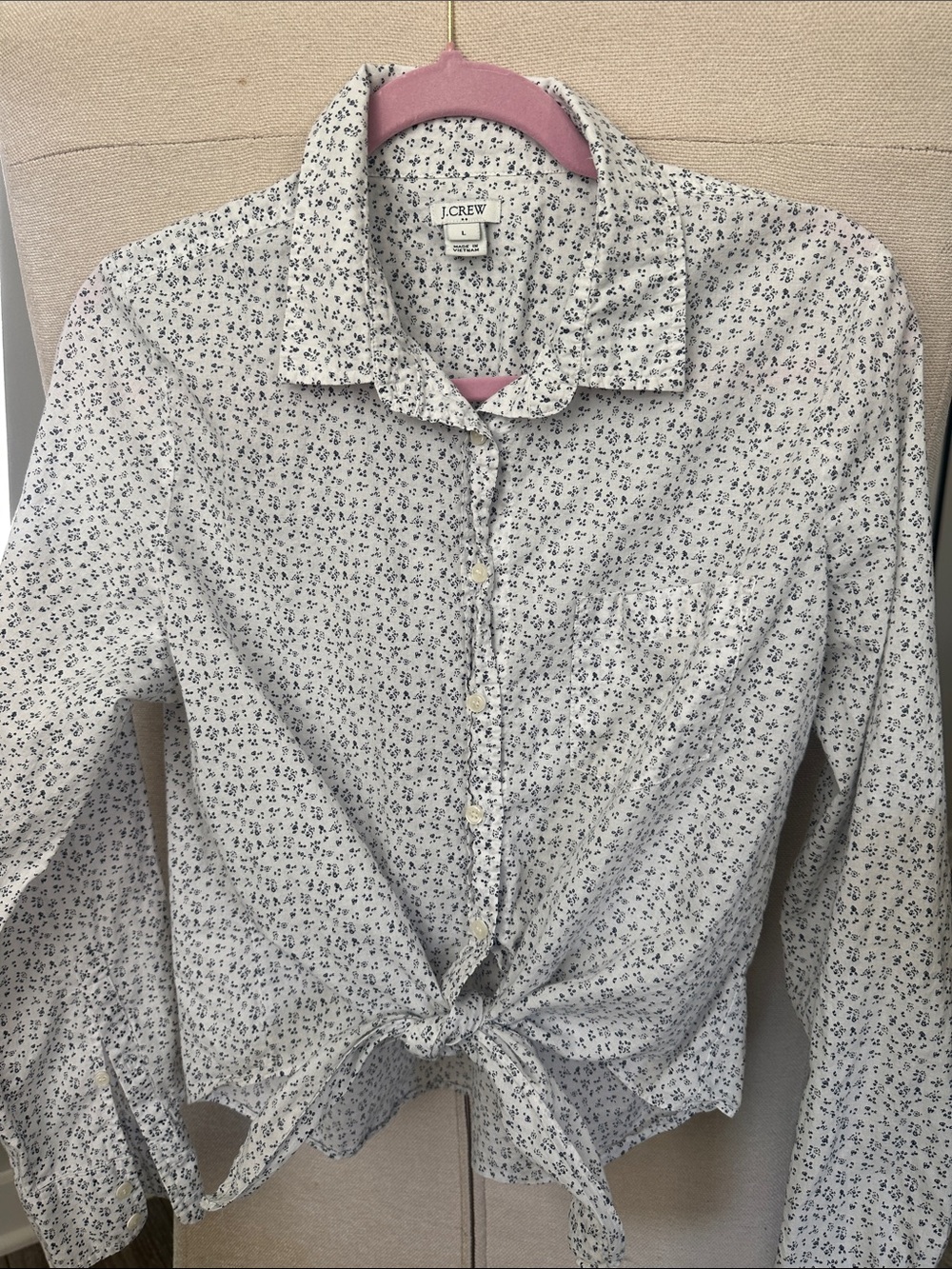 J. Crew White Shirt with Navy Micro Floral Tie Front